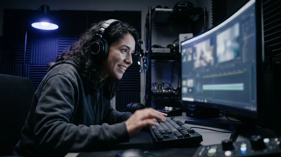 A creator enthusiastically editing video in a dark, moody studio.