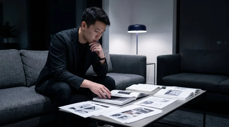 Marketing director reviewing campaigns in a modern lounge.