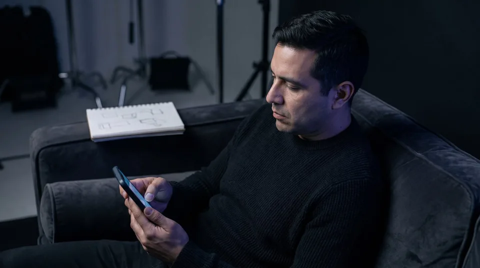A focused man sitting on a velvet sofa, deleting text on his smartphone.