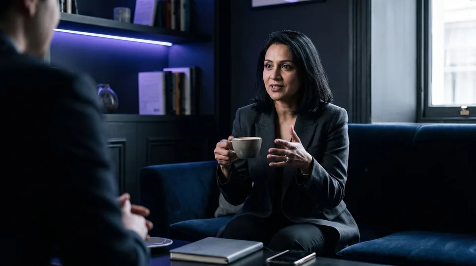 A female marketing director discussing strategy in a moody, modern lounge area.