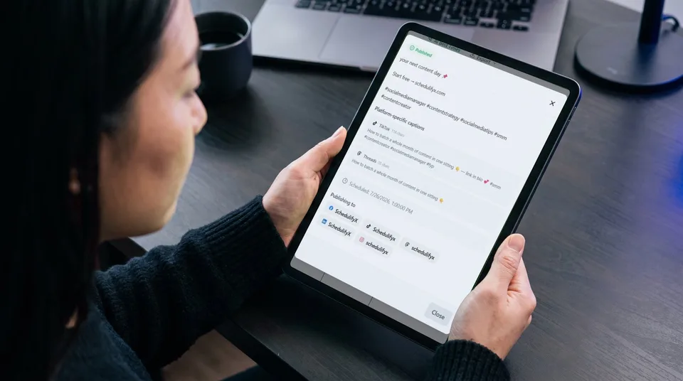 A tablet showing separate TikTok and Threads captions for one post that publishes to five accounts