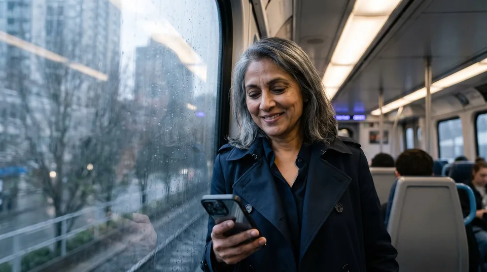 An executive in a trench coat reviews content on her smartphone while commuting on a train.