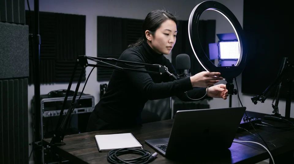 A woman adjusting a ring light and microphone on a desk in a studio.