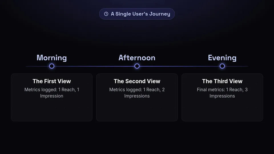 Timeline showing how 3 views by a single user result in 1 Reach and 3 Impressions.