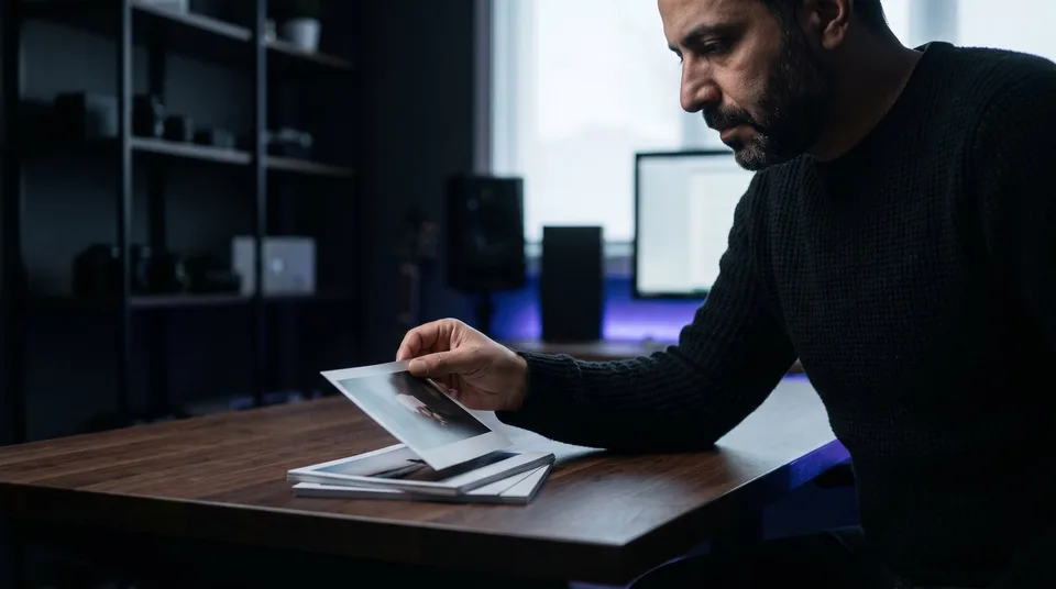 A man carefully selects a single photograph from a small stack on a dark desk, representing intentional content curation.