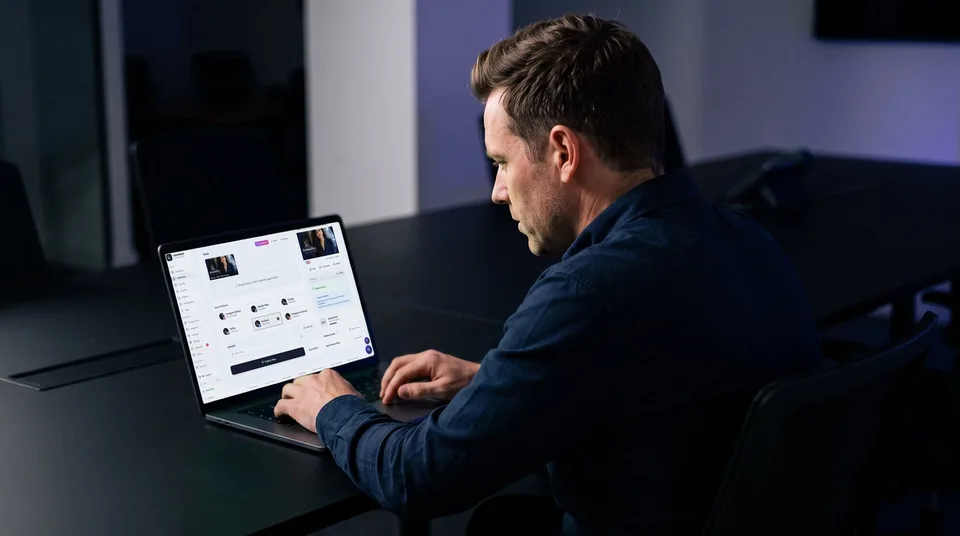 A man reviewing the SchedulifyX multi-platform composer on his laptop.