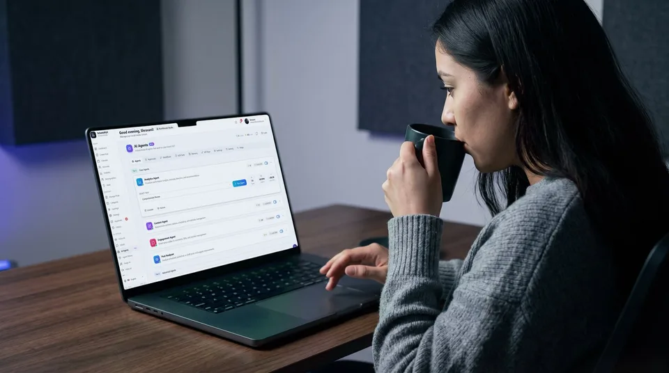 SchedulifyX AI agents screen showing various automated assistants for analytics and content.