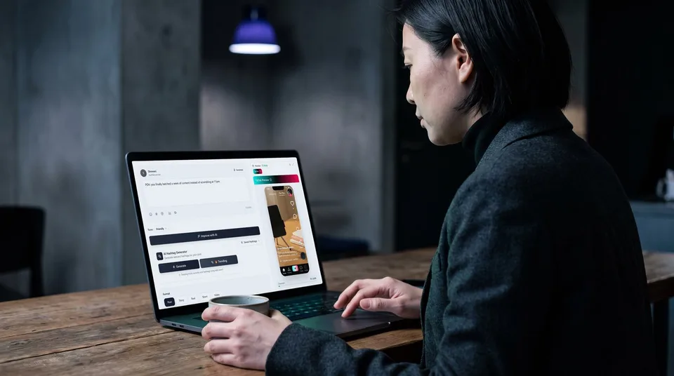 SchedulifyX interface showing a live TikTok video preview and caption editor.