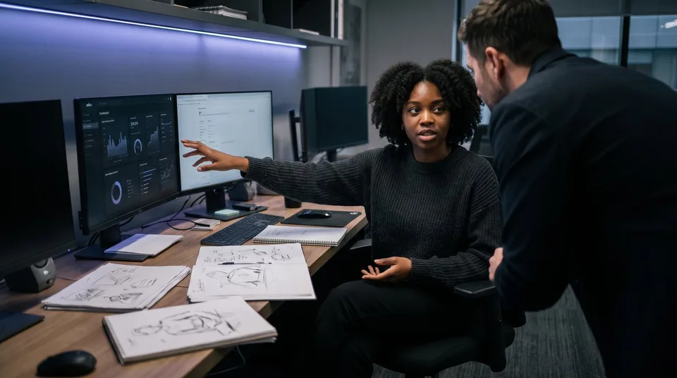 Software engineers discussing data on a dual-monitor setup in a modern office.
