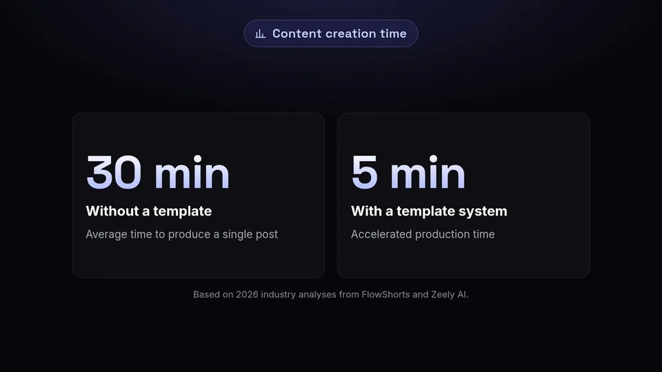 Statistics showing content creation dropping from 30 minutes to 5 minutes with templates.