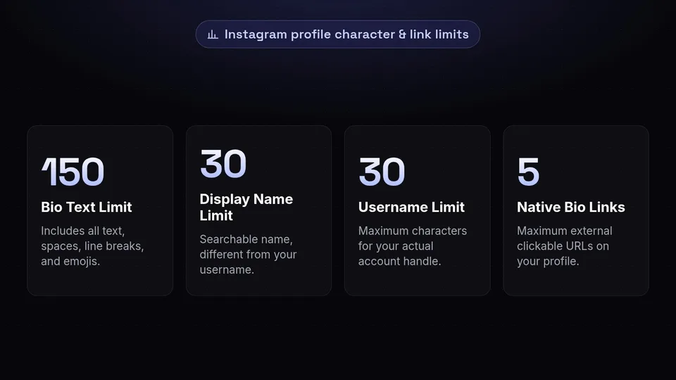 Statistics showing Instagram's character limits for bio, display name, username, and links.