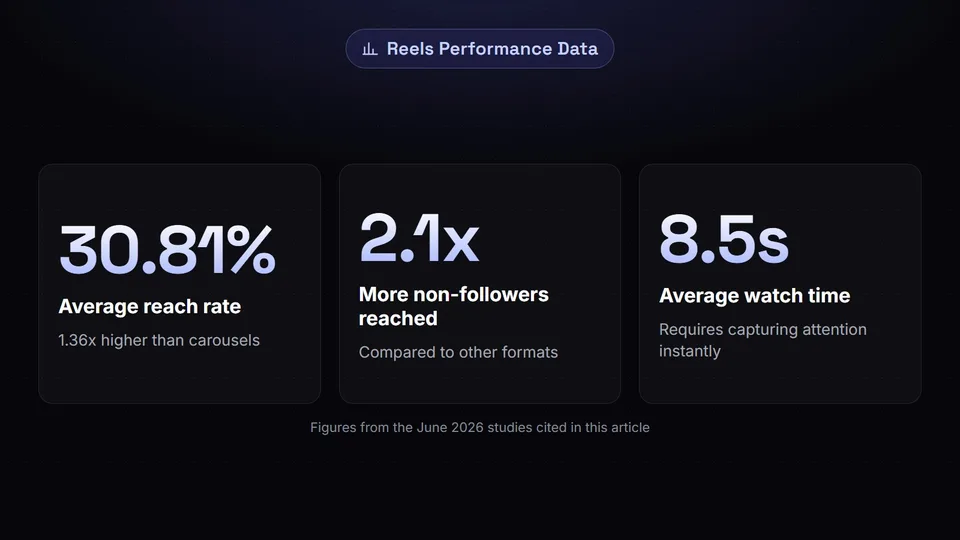 Statistics showing Reels have a 30.81 percent reach rate, reach 2.1 times more non-followers, and average 8.5 seconds of watch time.