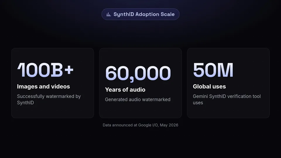 Statistics showing SynthID watermarked 100 billion media files and 60,000 years of audio.