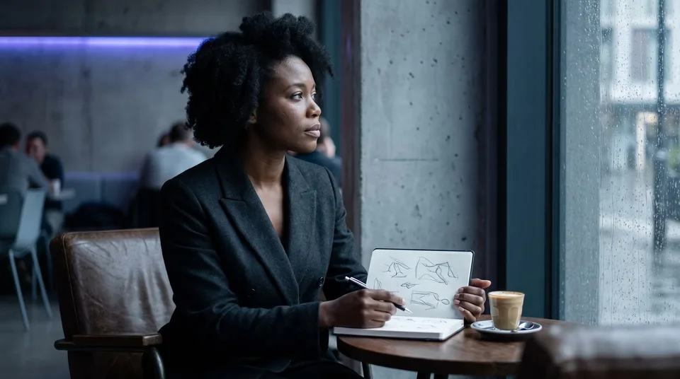A woman thoughtfully holding a notebook and pen in a modern café setting.