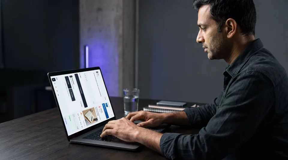 A man drafting LinkedIn content on a laptop in a dark, modern room.