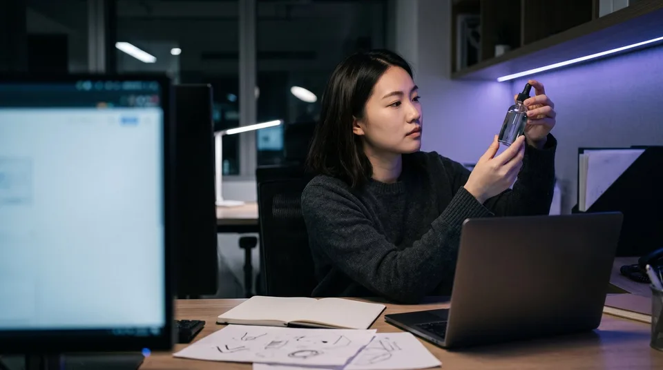 A marketing strategist in a modern office, evaluating a skincare product for a campaign launch.