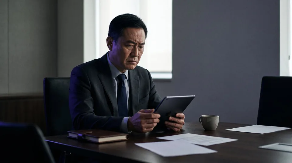 A serious PR director reviewing a tablet in a dimly lit boardroom.
