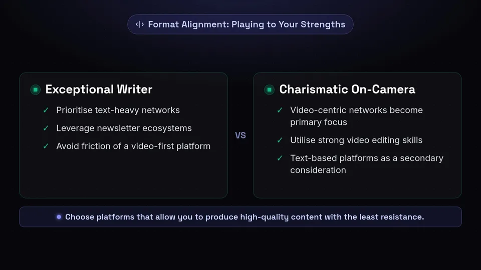 Comparison diagram showing how exceptional writers should choose text networks, while charismatic speakers should choose video.