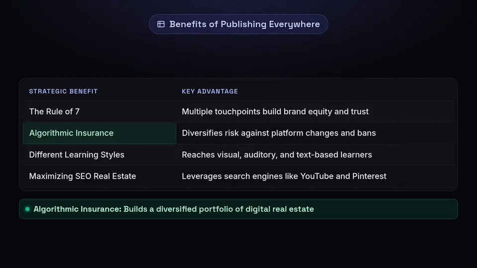 Table outlining the benefits of cross-platform posting: Rule of 7, algorithmic insurance, learning styles, and SEO.