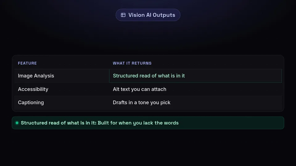 Table showing Vision AI outputs: structured read, alt text, and caption drafts.