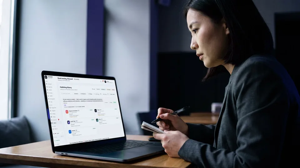 A woman reviewing a publishing history dashboard on a laptop to check error states and delivery statuses.