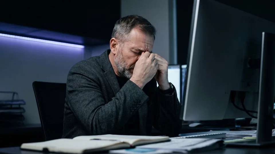 A man in a moody office pinching the bridge of his nose, illustrating the mental fatigue of context switching.