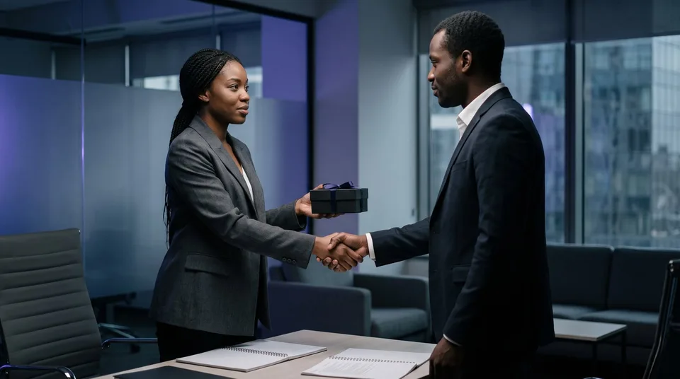A marketing director shaking hands with an industry expert to seal a partnership.