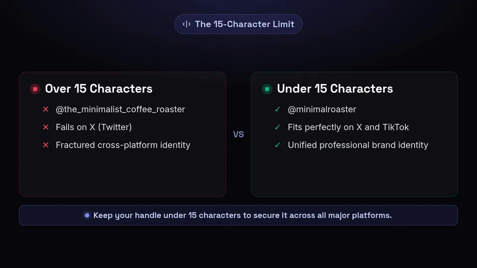 Comparison showing how a 30-character username fragments a brand across platforms, while a 15-character username unifies it.