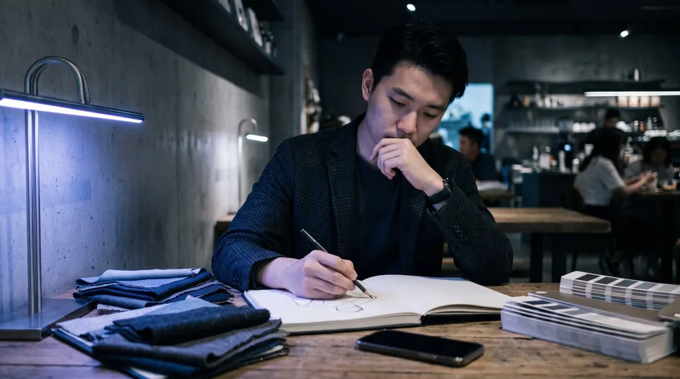 A designer sketches layout ideas among fabric swatches in a moody cafe.