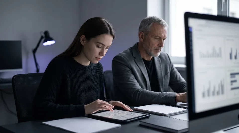 Two professionals working on different tasks in a modern office.