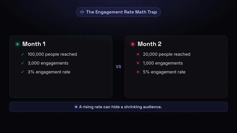 Diagram comparing Month 1 with 100k reach and 3% rate to Month 2 with 20k reach and 5% rate.