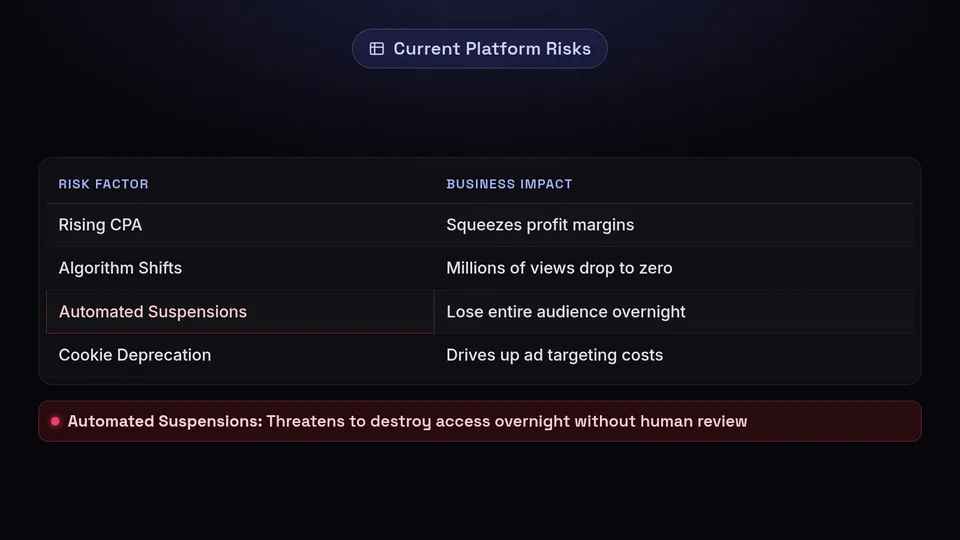A table outlining four key platform risks: rising CPA, algorithm shifts, automated suspensions, and cookie deprecation.