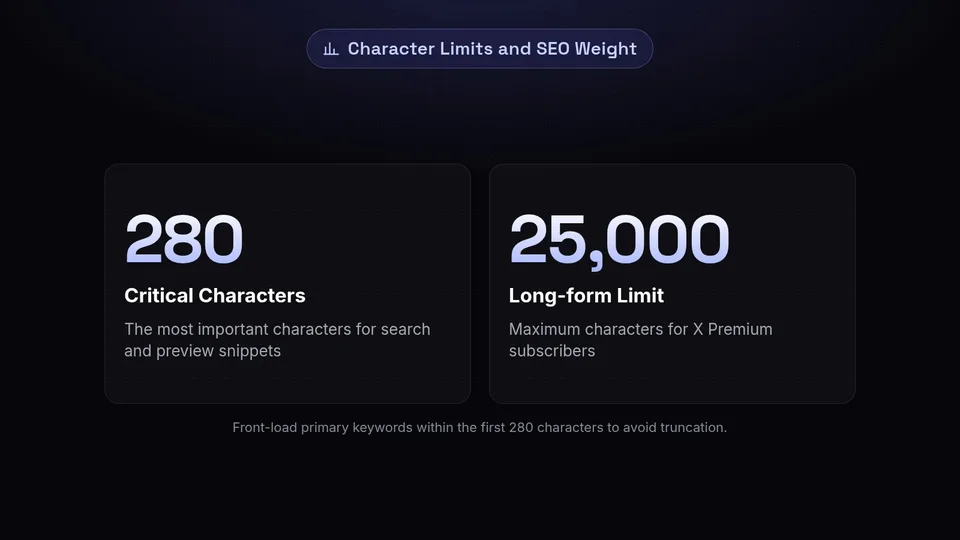 Statistics showing the SEO importance of the first 280 characters in an X post.