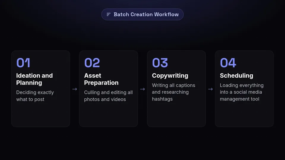 The four steps of batch content creation: ideation, asset preparation, copywriting, and scheduling.