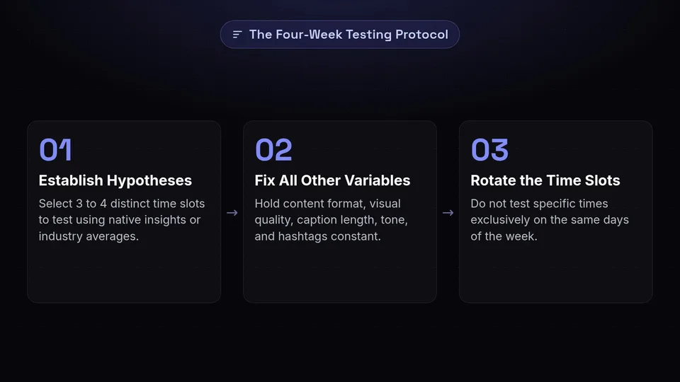Three steps for testing posting times: establish hypotheses, fix variables, and rotate time slots.