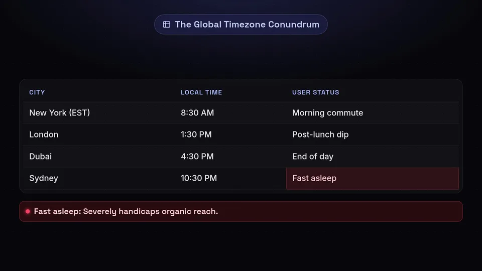 A table showing how a post at 8:30 AM EST hits different global time zones.
