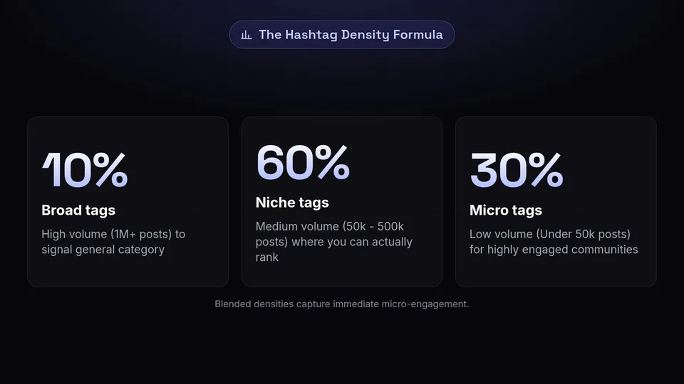 The Hashtag Density Formula: 10% Broad, 60% Niche, and 30% Micro tags.