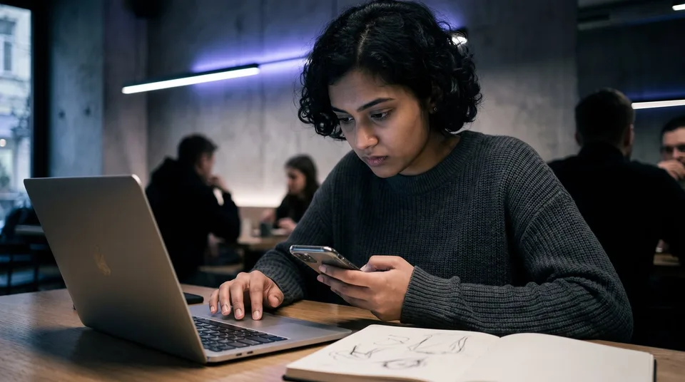 A young woman in a cafe looking intently at her smartphone while working on a laptop, tracking her time.