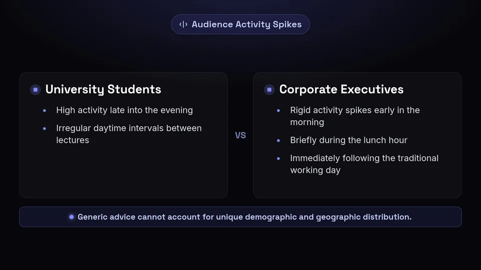 Comparison of peak activity times for university students versus corporate executives.