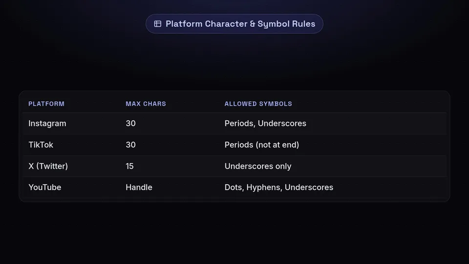 A table detailing the character limits and allowed special characters for Instagram, TikTok, X, and YouTube.