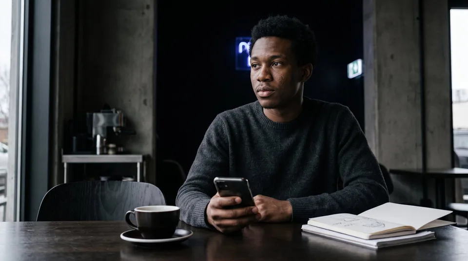 A man in a modern cafe looks thoughtfully at his smartphone.