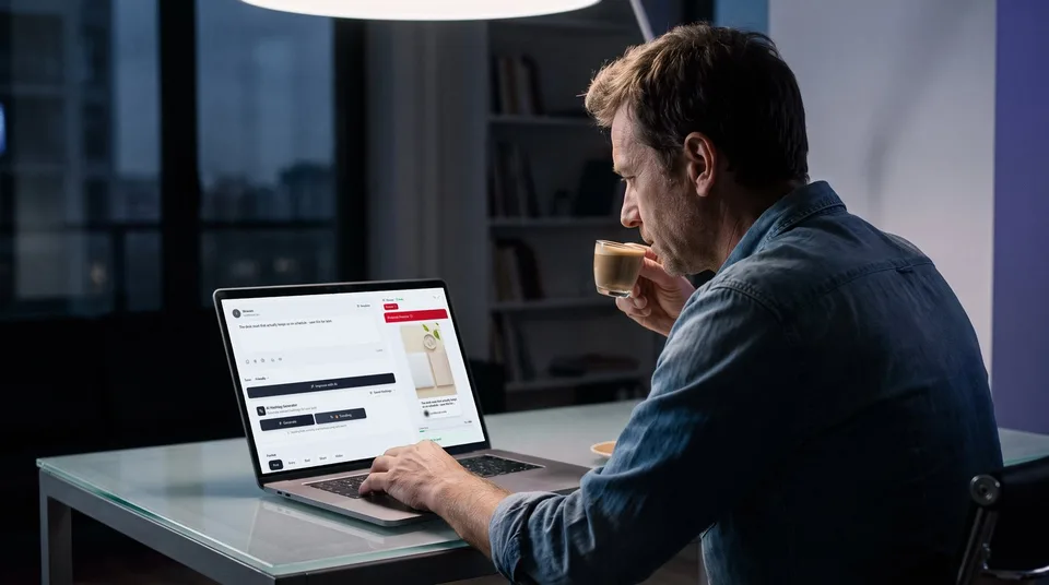 A man uses a laptop to schedule a Pinterest pin via SchedulifyX.