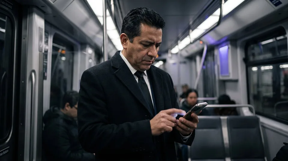 A man in a dimly lit subway car frowning as he swipes away notifications on his phone.
