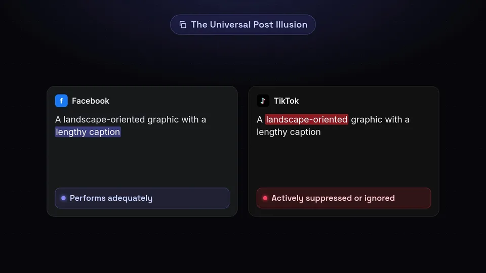 Diagram showing how a landscape graphic with a long caption performs adequately on a feed but fails on vertical video.
