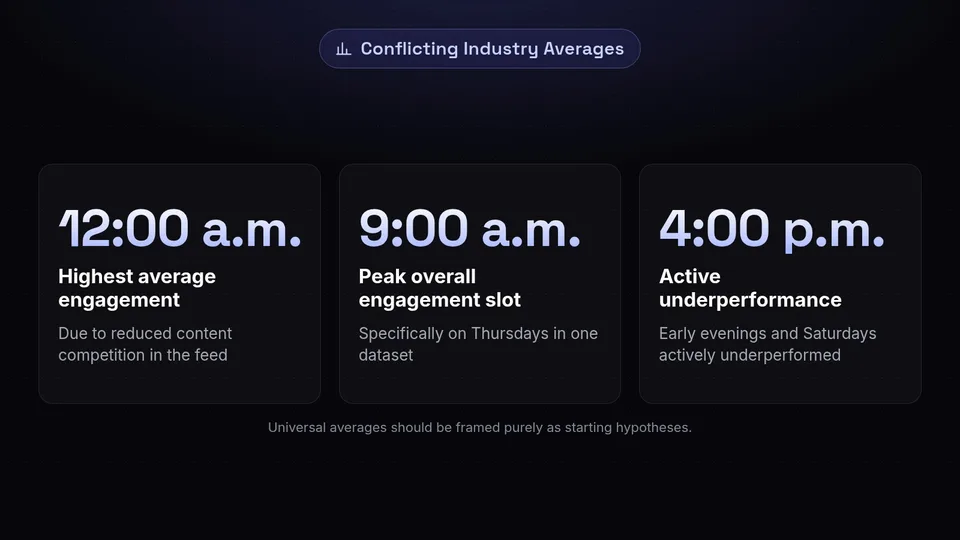 Conflicting industry statistics showing 12:00 a.m. and 9:00 a.m. as peak times, and 4:00 p.m. as underperforming.