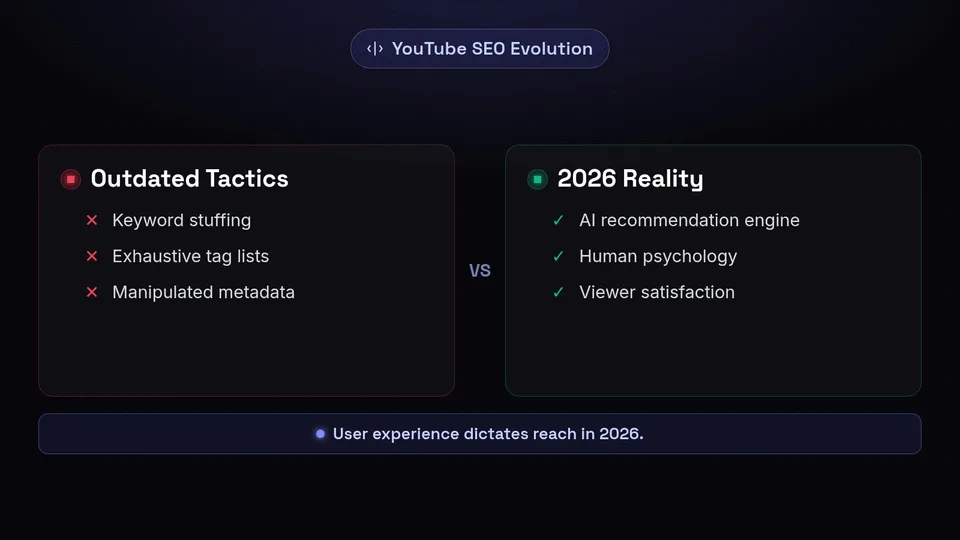 Comparison showing outdated YouTube SEO tactics versus the 2026 reality focused on AI and viewer satisfaction.