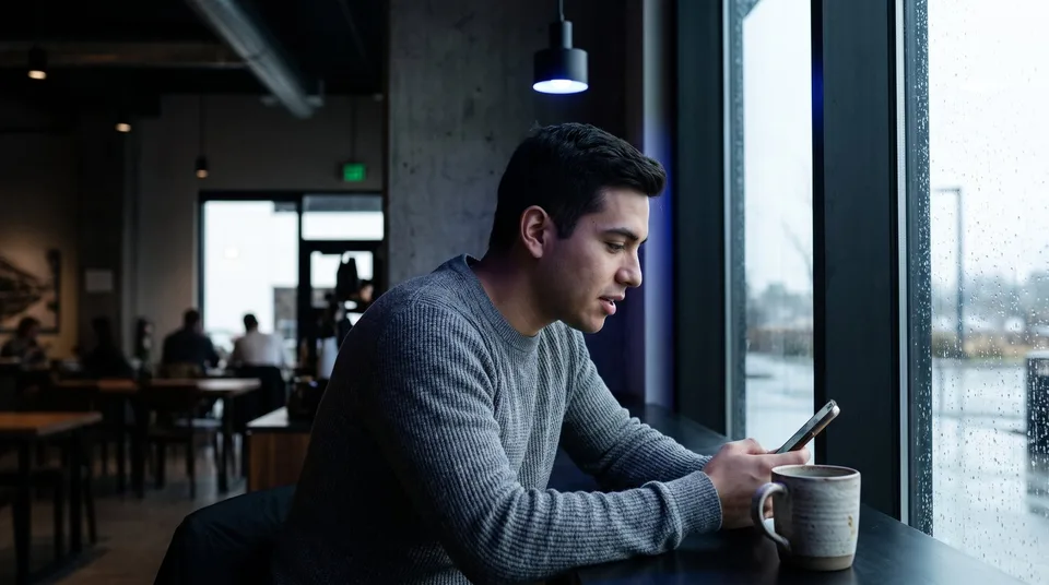 A man records a video on his smartphone, which is propped up against a coffee mug near a window.