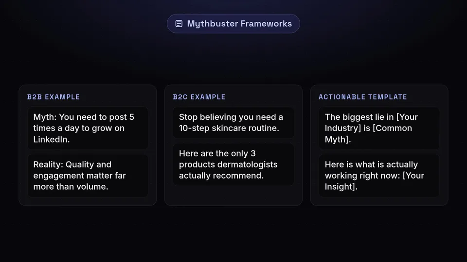 Three examples of myth-busting social media posts for B2B, B2C, and a fill-in-the-blank template.