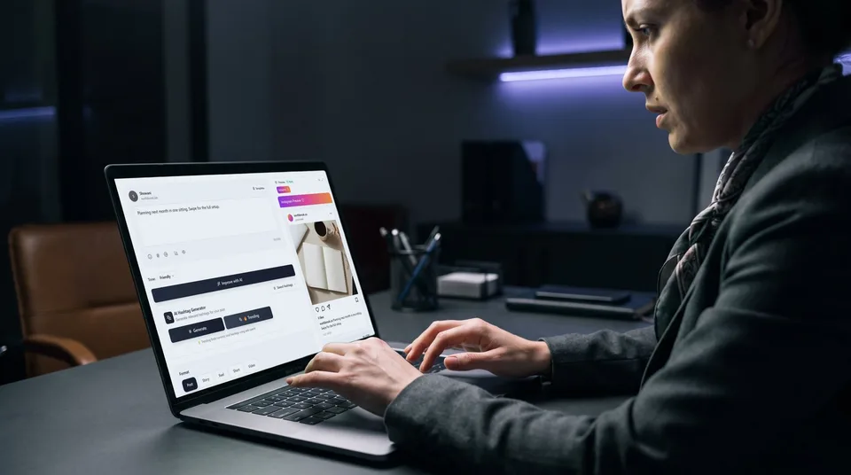 A woman hurriedly typing on a laptop, checking a live Instagram post preview and character counter.