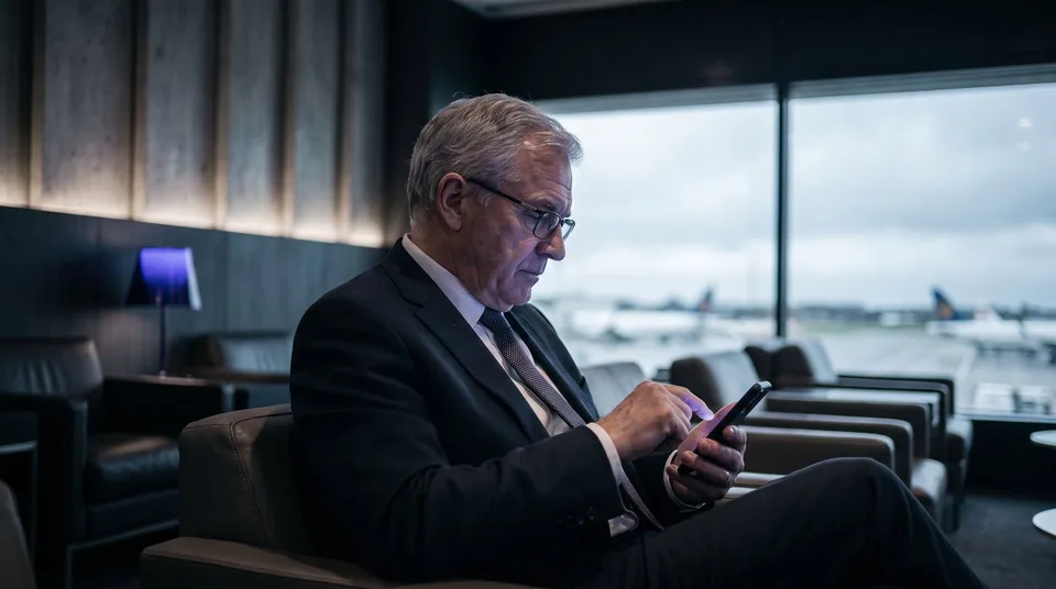 A professional man in a suit typing a thoughtful comment on his smartphone in a dark lounge.